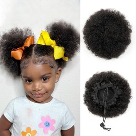 ISHEENY Drawstring Ponytail Extension Human Hair Small Messy Bun Hair Piece For Preschooler Afro Puff Hair Bun 1 Pcs Afro Kinkys Curly Black Bun Hairpieces Updo Hair Extensions