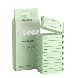 Unifree Compact Flushable Wipes, XL On-The-Go Pocket Wipes for Sensitive Skin, Unscented, Travel, Biodegradable, 8 Pack 56 Wipes