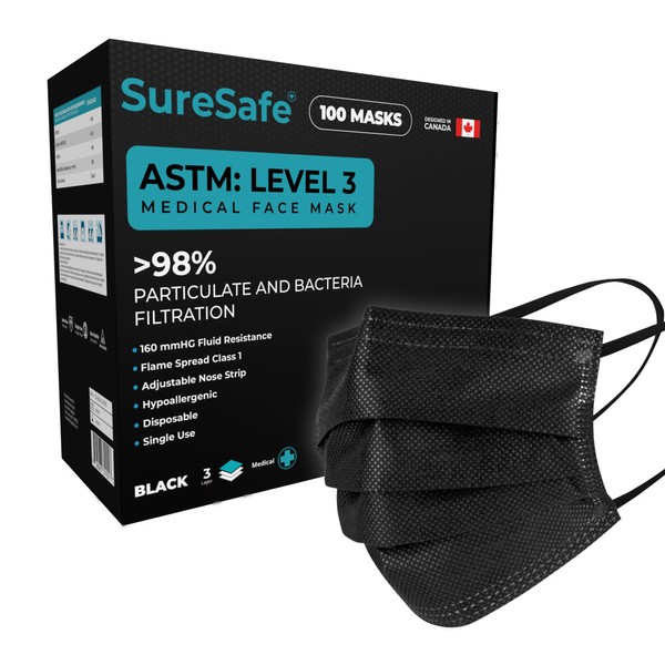SureSafe 100 PCS ASTM Level-3 Masks Disposable, Black face mask,