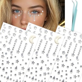 nooepc NOOEPC - Gemas para el rostro, gemas para el cabello, joyas autoadhesivas para el rostro, accesorios para festivales, diamantes de imitación con forma de estrella y luna para maquillaje de Ha