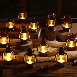 ROCEEI 12 Pieces Cowboy Hats Mini Lantern Western Cowgirl Small Lantern Decoration Retro Tiny Lamp with LED Candle Hanging Table Centerpieces Decor for Wedding Birthday Party Favor (Brown)