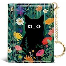 Jogjam Womens Wallet, Black Cat Flower Small Slim RFID Blocking Card Wallets, Cute Trifold PU Leather Card Holder Wallet Organizer, Pocket Cash Wallet with Card Slots ID Window for Girls Ladies