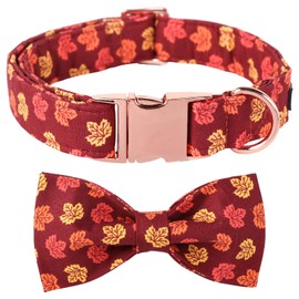 Maca Bates Fall Dog Collar with Sailor Bow Tie Autumn Maple Dogs Collars with Bowtie Adjustable Durable Soft Puppy Colar for Small Medium Large Girl Boy Male Female Pet with Metal Buckle