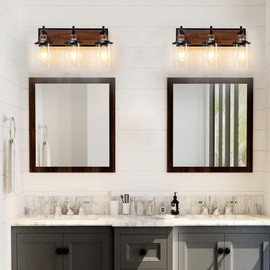 Lanhall 3-Light Farmhouse Bathroom Light Fixtures Vintage Vanity Lights Over Mirror Black and Wood Painted Metal Vanity Light with Glass Shades E26 Socket