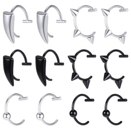Alrhso 16 Pcs Fake Lip Ring Fake Snake Bite Non-Piercing Lip Cuff Ear Cuff Stainless Steel Vampire Teeth Ring Septum Nose Piercing Set for Women Men (Black Silver)