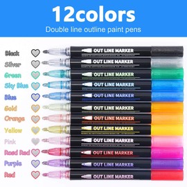 ECtury Glitter Pens Outline Marker Pens, Gifts for Teenage Girls, 12 Colours Metallic Double Line Outline Pens for Scrapbook, Teenage Girls Gifts, Arts and Crafts, Gifts for 4-12 Year Old Girls