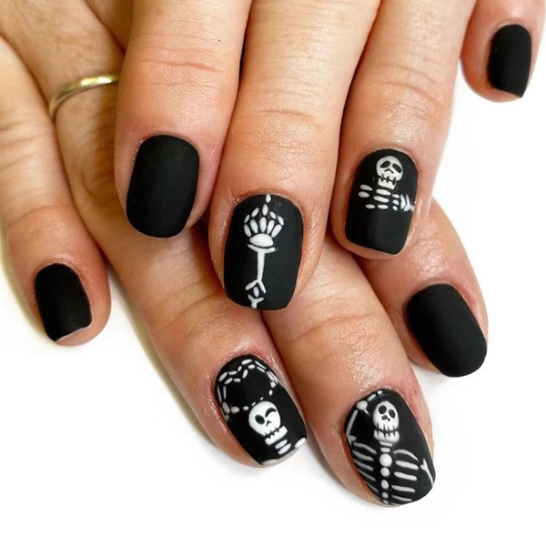 Vopintpy Funny Skull Press on Nails Short Square Halloween Fake