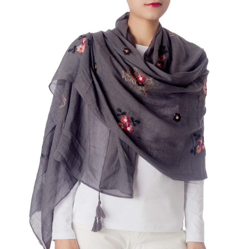 iB-iP Women's Floral Pattern Lightweight Embroidered Scarf, Warm grey