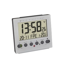 TFA Dostmann Digitaler Wecker, 60.2561.55, automatische Nachtbeleuchtung, Funk-Wecker, Temperatur, Wochentag und Datum, Aluminium-Optik, Silber, (L) 99 x (B) 90 x (H) 42 mm
