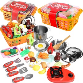 Ayasma Juguete de Cocina con Utensilios de Cocina 42 Piezas - Juguetes de Pretender Alimentos Frutas y Verdura de Plástico, Accesorios de Cocina Olla de Sopa y Cocina a Gas, Cesta de la Compra