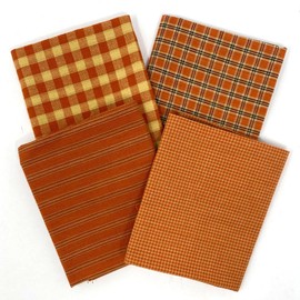 Set of 4 Fat Quarters, Pumpkin Orange Assorted Plaid Gingham Homespun Cotton Fabric Bundle by JCS