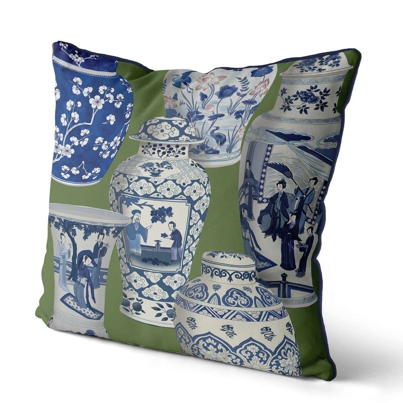 Kelly Stevens-McLaughlan, Chinoiserie Vase Collage #3 on Green Cushion /