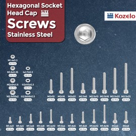 Kozelo 1050pcs Socket Head Cap Screws Bolts Nuts Assortment Kit - [M1.4/M1.6/M2/M2.5] 304 Stainless Steel Allen Socket Drive for 3D Printer, with Wrench