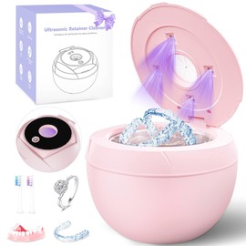 Dental Ultrasonic Retainer Cleaner Machine - 45kHz Cleaning Pod for Dentures, Mouth Guard, Aligner, Night Guard, Toothbrush Heads & Jewelry, 4 Cleaning Modes, Digital Timer, 200ML Capacity, Pink