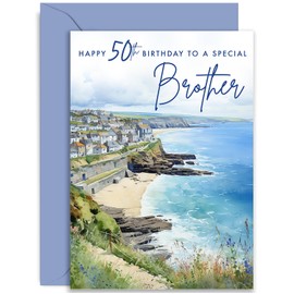 Old English Co. Artistic 50th Birthday Card for Brother - Watercolour Seaside Town Birthday Card for Special Brother - Traditional Birthday Card for Him | Blank Inside with Envelope