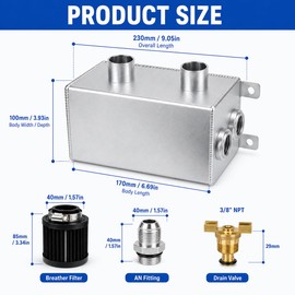 EZPROIT 10AN Oil Catch Can 1.2L Universal Alumium Dual Breather Filter, Tank Reservoir Tank Can Breather Kit Air Oil Separator with Drain Valve (Silver)