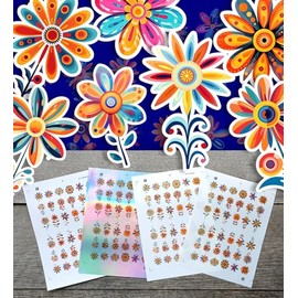 Stickers Pack (Over 150 Stickers) Bright Colourful Cartoon Daisies Vintage Styled Small Vinyl Stickers White Holographic Transparent