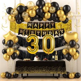 Black and Gold 30th Birthday Decorations for Men Him, Happy 30th Birthday Party Decorations for Him Her, Gold Tinsel Fringe Garland, Banner, Number Balloons, Table Cloth, Swirls and Foil Balloons