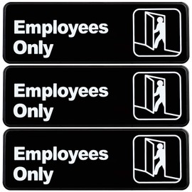 Excello Global Products Employees Only Sign: Easy to Mount Informative Plastic Sign with Symbols 9"x3", Pack of 3 (Black)