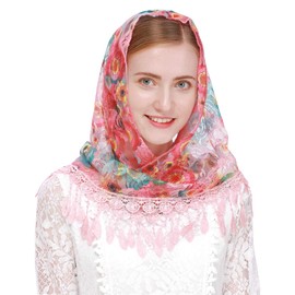 PAMOR Mass Veil Triangle Mantilla Cathedral Head Covering Chapel Veil Lace Shawl Latin Scarf (Pink)