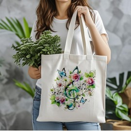 Forest Charger Music Note Floral Butterfly Canvas Tote Bag, Gifts for Music & Nature Lovers, Cute Floral Melody Tote Bags, Aesthetic Reusable Bag for Shopping, Concert, Daily Use