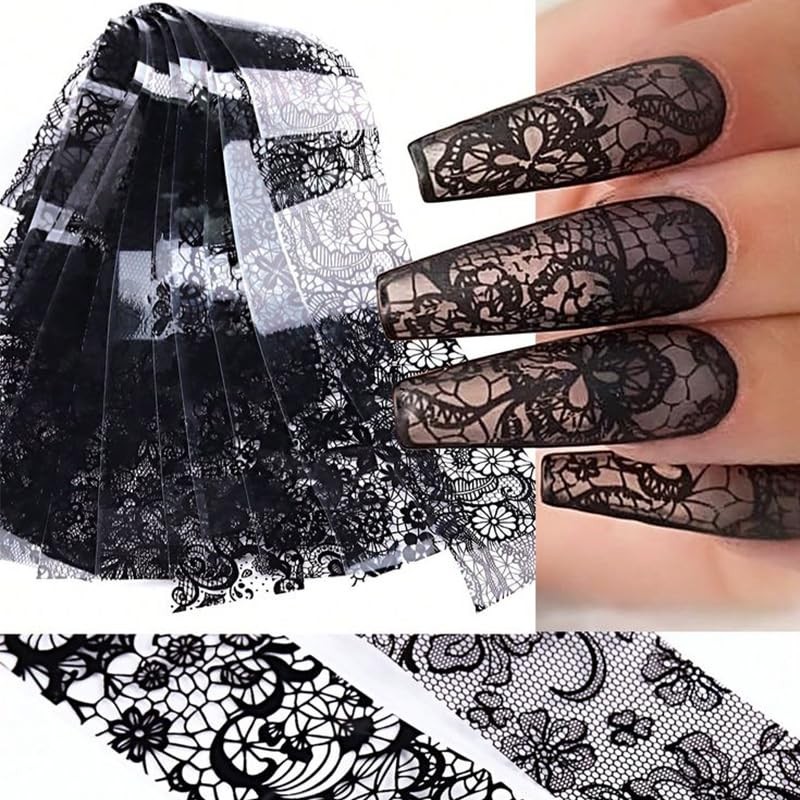 10 Stickers/Box White Nail Foil Lace Black Flower Spring Starry