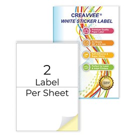 Creavvee 2 Label per Sheet, 25 A4 Sheets, Printable White Sticker Paper Labels for Laser/Inkjet Printers Made in Europe - Sticker Size (A5) 210 x 148 mm