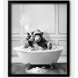 Framed Bathroom Decor Wall Art, Chimpanzee in Bathtub, Black and White Wall Art, Funny Bathroom Wall Decor Signs, Cute Animal Art for Bathroom (Framed,8''x10'')