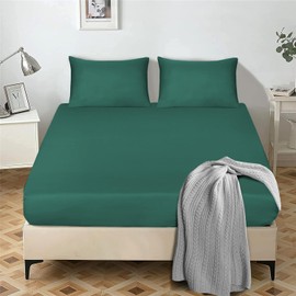 My home store Fitted Sheet 25 cm Deep Brushed Microfiber Ultra Soft No-Iron Wrinkle-Resistant Plain Dyed Fitted Bed Sheets Hypoallergenic Breathable Sheets (Emerald, Double)
