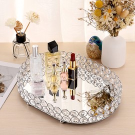 Hipiwe Hipiwe Crystal Vanity Tray Mirrored Dresser Perfume Trays for Makeup Tray Cosmetic Skin Care Storage, Jewelry Trinket Organizer Tray for Bathroom Countertop Home Decor (Medium, Silver)