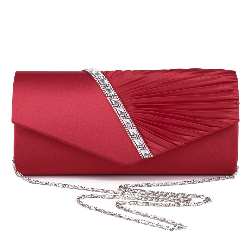 Damara Womens Pleated Crystal-Studded Satin Handbag Evening Clutch,Red