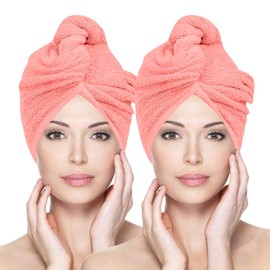 Glamza Microfibre Hair Towel Wrap Super Absorbing Twist Turban Hair Wrap with Buttons for Fast Drying Hair (2 PACK (SMALL) - PINK)