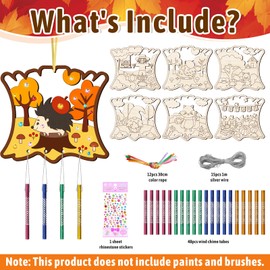 TREACLUB 12Pack Wind Chime Kit for Kids Make Your Own Thanksgiving Wind Chime DIY Coloring Hedgehog Wood Crafts Wooden Arts Funny Worlds Ornaments for Boys Girls School Activities Party Decoration