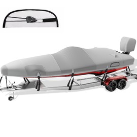 Fuprosico Boat Cover with Ratchet to Tighten The Hem,1200D Heavy Duty Boat Covers,20-22ft Hurricane-Proof Bass Boat Cover,100% Waterproof Bass Tracker Cover with Motor Cover for Trailer,Mooring,Gray