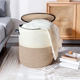 Wayideal Cotton rope Storage Basket with Zipper cover & Woven baskets with Handles for Toys, Books, Multi-Purpose Storage Basket for Living Room,Christmas gifts.14x13 inches (2*Brown+white)