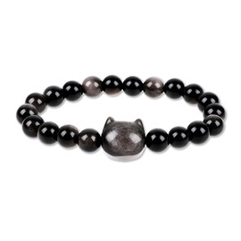 Cat Black Obsidian Bracelet Cat Bracelet Beaded Lucky Cat Crystal Bracelet Stretch Bracelets Cat Bracelet for Women