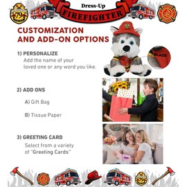 DolliBu Floppy Husky Firefighter Stuffed Animal with Name Personalization - Super Soft Husky Plush with Red Fireman Costume Outfit and Fireman Hat, Fire Fighter Doll Plush Toy for Kids - 7.5 Inch