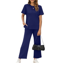 XIEERDUO Track Suit for Women 2 Piece Outfits Summer Lounge Set Short Sleeve Travel Tracksuit Spring Resort Wear Wide Leg Capri Pants Matching Clothing Sets Vacation Clothes Navy L
