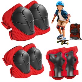 Lafefe 6PCS Red Kids Protective Gear Set Knee Elbow Wrist Pads, Lightweight Breathable Mesh & Hard Shell, Adjustable Straps Safety Pads S Size for Roller Skating Cycling Skateboard