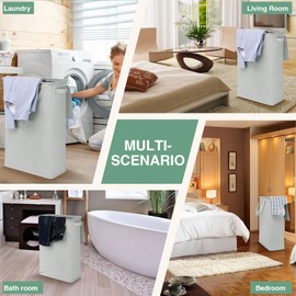 GOMAJI Slim Laundry Basket with Lid and Handles, Foldable Laundry Basket for Clothes, Clothes Hamper Easy to Carry, Dirty Hampers for Bedroom, Bathroom, Dorm, College, 12.7 Gallons(48L) LIGHT GRAY