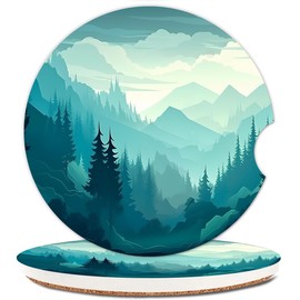 Ceramic Cup Holders Car Coasters for Women/Men,Abstract Absorbent Drink Cup Car Holder Coasters with A Finger Notch 2.56" Pack of 2,Forest Mountain Landscape