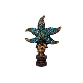 Lamp Finial-Rhinestone Starfish-Aged Brass Finish, Highly Detailed Metal Casting, Aqua Rhinestones