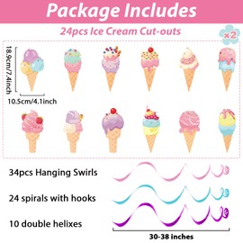 Chunnin 58Pcs Ice Cream Party Hanging Swirls Ice Cream Birthday Party Decoration Summer Ice Cream Theme Ceiling Streamers Colorful Swirl Dessert Cone Streamers for Summer Holidays Baby Shower Supplies