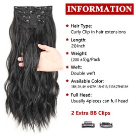 Xtrend 20Inch Black Wavy Hair Extensions Clip in Hair Extensions Synthetic Hair pieces for Women Girls 4PCS Full Head Set Thick Curly Wavy Synthetic Hair Extensions(1B#)