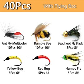 Qievcrme Fly Fishing Flies Assortment Kit-40/72/102pcs Fly Fishing Lures with Fly Box for Bass Trout Salmon Fishing-Dry/Wet Bass Flies Streamers Nymphs (40Pcs Flies Kit(6 Mixed Styles))
