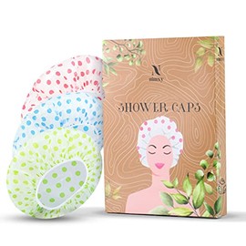 Nimxy Pack of 3 Shower Cap, Reusable Shower Caps For Women & Men - Waterproof with Elastic Band and Soft Lining (Dotted)