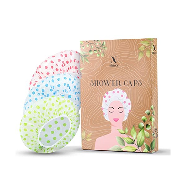 Nimxy Pack of 3 Shower Cap, Reusable Shower Caps For Women & Men - Waterproof with Elastic Band and Soft Lining (Dotted)