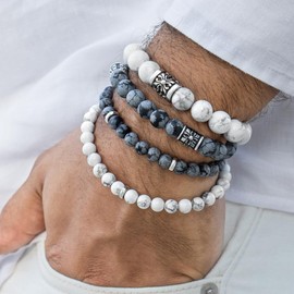 VY JEWELRY 6MM Howlite Beaded Bracelet with three 925 Sterling Silver Beads, White Stones for Men and Women - Made in Thailand - Size L