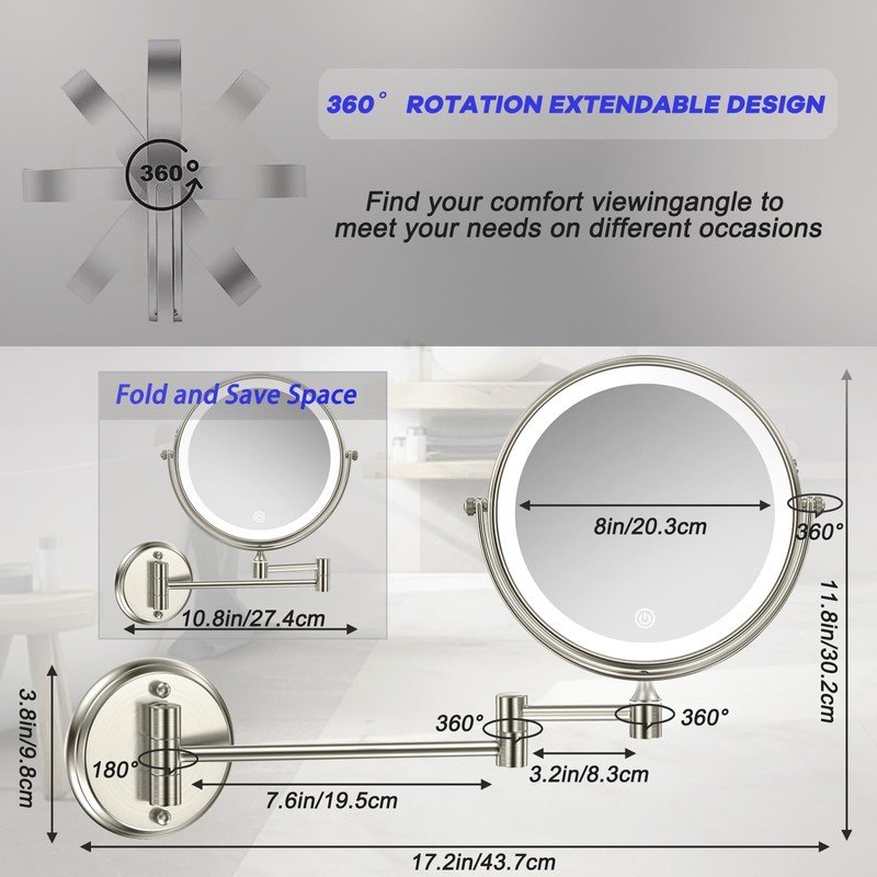 Rechargeable Wall Mounted Makeup Mirror with Lights, 8 Inch Double-Sided