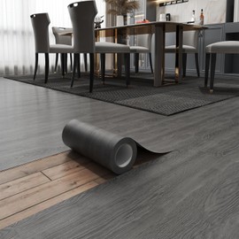 ZRJT Peel and Stick Floor Tile 11.8” x 590” Vinyl Flooring Roll Cover 48.4 Sq.Ft. Waterproof Scratch-Resistant DIY Self-Adhesive PVC Wood Flooring for Renter, Kitchen, Bathroom, RV, Grey